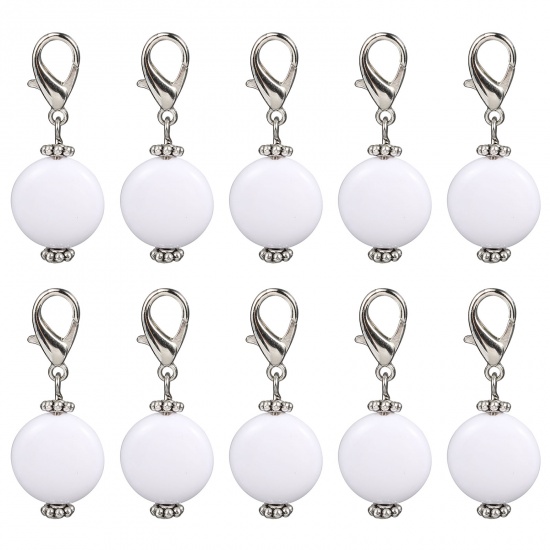 Immagine di Lega di Zinca + Acrilato Marcatori di Punto a maglia Argento Antico Bianco Tondo 40mm x 16mm, 10 Pz