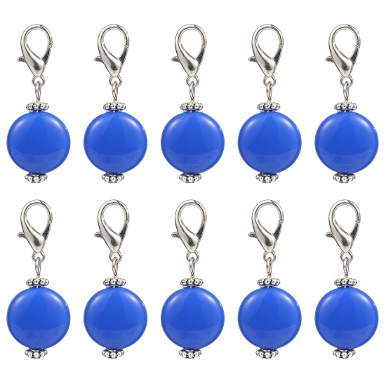 Immagine di Lega di Zinca + Acrilato Marcatori di Punto a maglia Argento Antico Blu Marino Tondo 40mm x 16mm, 10 Pz