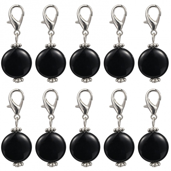 Immagine di Lega di Zinca + Acrilato Marcatori di Punto a maglia Argento Antico Nero Tondo 40mm x 16mm, 10 Pz