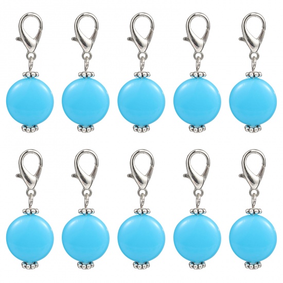 Immagine di Lega di Zinca + Acrilato Marcatori di Punto a maglia Argento Antico Blu Tondo 40mm x 16mm, 10 Pz