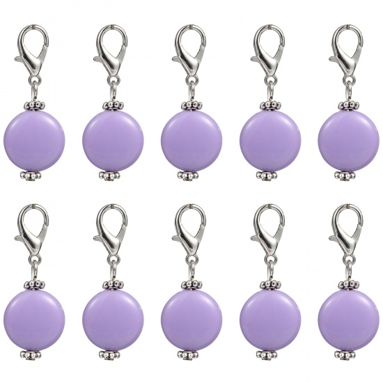 Immagine di Lega di Zinca + Acrilato Marcatori di Punto a maglia Argento Antico Viola Chiaro Tondo 40mm x 16mm, 10 Pz