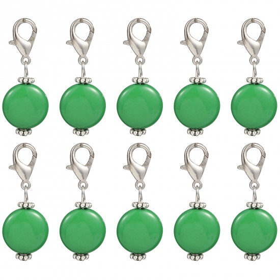 Immagine di Lega di Zinca + Acrilato Marcatori di Punto a maglia Argento Antico Verde Scuro Tondo 40mm x 16mm, 10 Pz