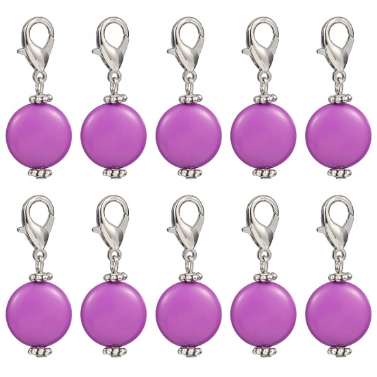 Immagine di Lega di Zinca + Acrilato Marcatori di Punto a maglia Argento Antico Viola Scuro Tondo 40mm x 16mm, 10 Pz