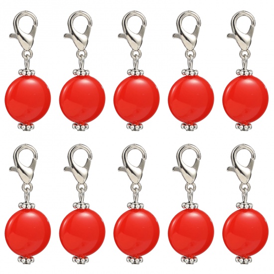 Immagine di Lega di Zinca + Acrilato Marcatori di Punto a maglia Argento Antico Rosso Tondo 40mm x 16mm, 10 Pz