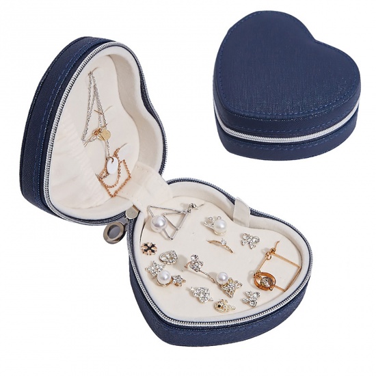 Picture of PU Leather Jewelry Gift Jewelry Box Heart Blue 10.3cm x 9.5cm x 4.5cm , 1 Piece