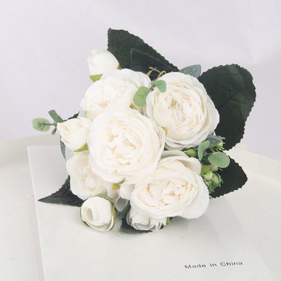 Picture of White - 5 Headed Artificial Persian Rose Faux Silk Fake Flowers for DIY Living Room Home Wedding Decoration 29x15cm, 1 Bunch