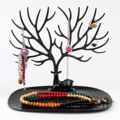 Image de Noir - Support de présentoir de bijoux de bureau de stockage de bois de cerf en plastique 25x15x22cm, 1 pièce