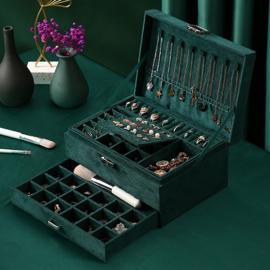 Picture of Velvet Jewelry Gift Boxes Rectangle Dark Green 24cm x 17cm , 1 Piece