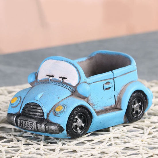 青-セメントレトロ漫画車車両鉢植えの装飾品装飾ガーデニングポット13.7x8.6x7.5cm、1個 の画像