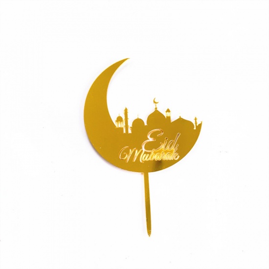 Picture of Golden - Acrylic Eid Mubarak Moon Cake Picks Decoration For Ramadan Festival Eid Al-Fitr 12cm wide, 1 Piece