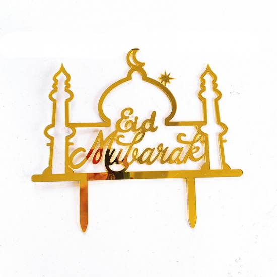 Picture of Golden - Acrylic Eid Mubarak Church Cake Picks Decoration For Ramadan Festival Eid Al-Fitr 15cm wide, 1 Piece