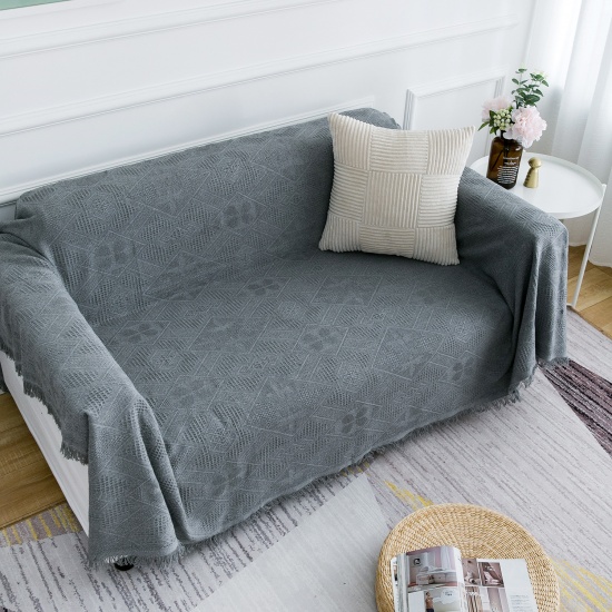 Immagine di Gray - Cotton Polyester Blend Dual-purpose Blanket Sofa Cover With Tassel Solid Color 130x230cm, 1 Piece