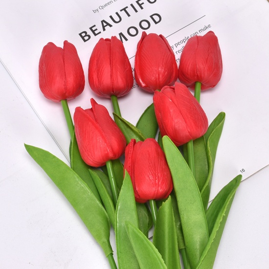 Picture of Red - Faux Silk Simulation Tulip Flower For Wedding Home Decoration 34cm long, 1 Piece