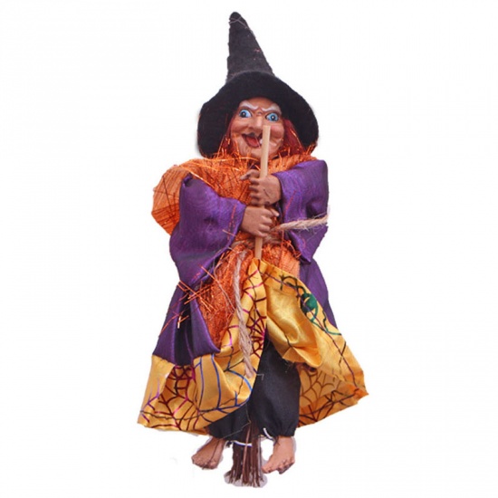 Picture of Yellow - 2# Halloween Retro Witch with Broom Party Home Ornament Decoration 20cm long, 1 Piece