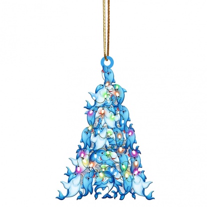 青-3＃イルカ動物ラウンドウッドクリスマスツリーオーナメント  飾り10x7cm、1 着 の画像