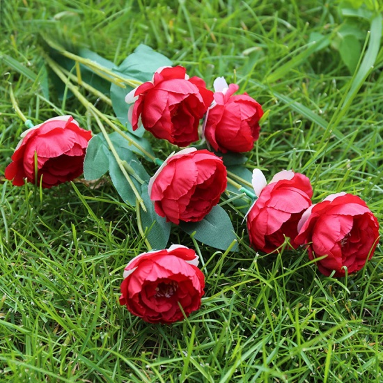 Picture of Red - 3# Faux Silk Artificial Seven Head Peony Flower For Wedding Party Home Decoration 70cm long, 1 Piece