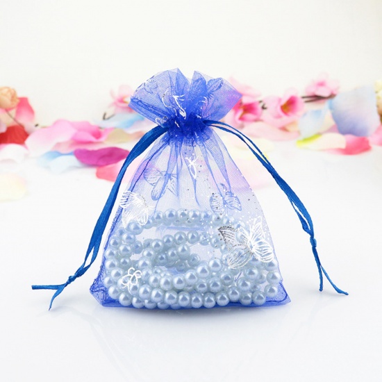 Picture of Wedding Gift Organza Drawstring Bags Royal Blue Butterfly 9cm x7cm(3 4/8" x2 6/8"), 20 PCs