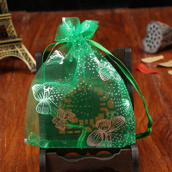 Image de Cadeau de Mariage Sac à Cordon en Organza Vert Papillons 9cm x 7cm, 20 Pcs