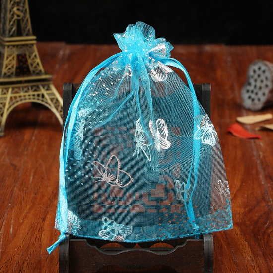 Picture of Wedding Gift Organza Drawstring Bags Lake Blue Butterfly 12cm x9cm(4 6/8" x3 4/8"), 20 PCs