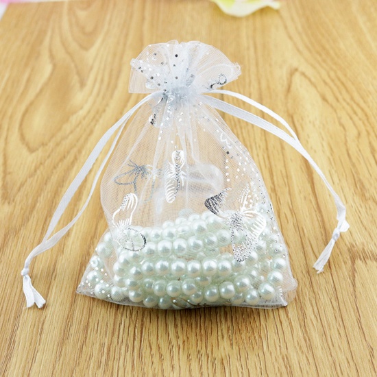 Picture of Wedding Gift Organza Drawstring Bags White Butterfly 16cm x11cm(6 2/8" x4 3/8"), 20 PCs