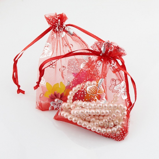 結婚祝い ギフト オーガンジー袋 巾着袋 アクセサリーバック ラッピング  ドローストリングバッグ 赤 蝶パターン 16cm x 11cm、 20 個 の画像