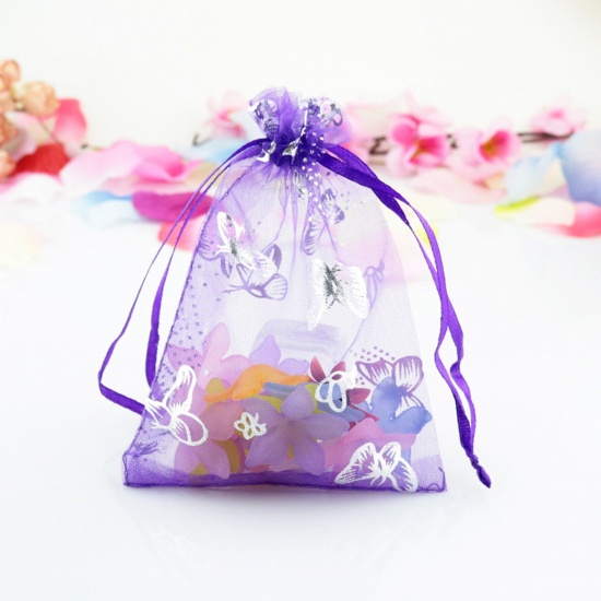 結婚祝い ギフト オーガンジー袋 巾着袋 アクセサリーバック ラッピング  ドローストリングバッグ 深紫色 蝶パターン 16cm x 11cm、 20 個 の画像