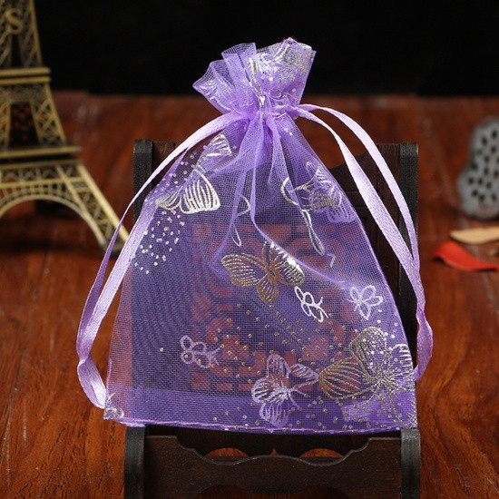 結婚祝い ギフト オーガンジー袋 巾着袋 アクセサリーバック ラッピング  ドローストリングバッグ 薄紫色 蝶パターン 16cm x 11cm、 20 個 の画像