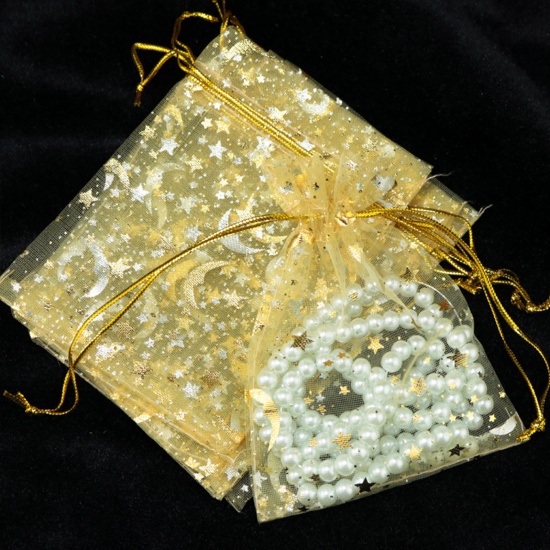 結婚祝い ギフト オーガンジー袋 巾着袋 アクセサリーバック ラッピング  宇宙銀河シリーズ ドローストリングバッグ 月 ゴールデン スターパターン 12cm x 9cm、 20 個 の画像