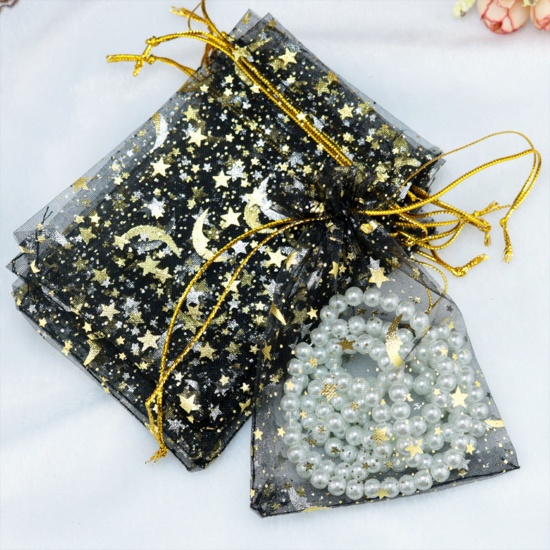 Picture of Wedding Gift Organza Galaxy Drawstring Bags Half Moon Black Star 12cm x9cm(4 6/8" x3 4/8"), 20 PCs