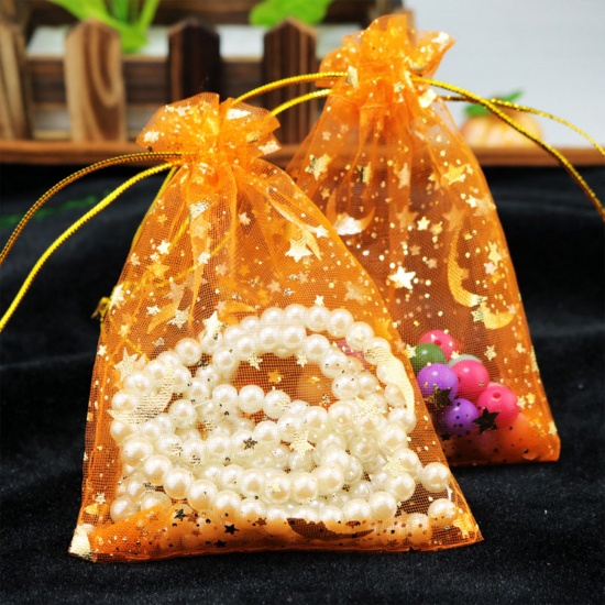 結婚祝い ギフト オーガンジー袋 巾着袋 アクセサリーバック ラッピング  宇宙銀河シリーズ ドローストリングバッグ 月 オレンジ色 スターパターン 12cm x 9cm、 20 個 の画像