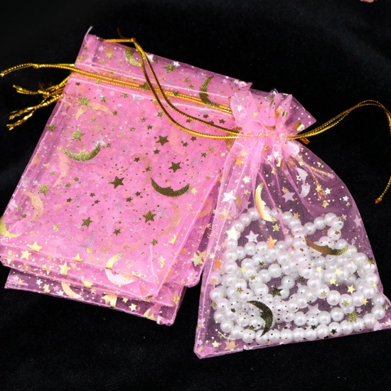 結婚祝い ギフト オーガンジー袋 巾着袋 アクセサリーバック ラッピング  宇宙銀河シリーズ ドローストリングバッグ 月 ピンク スターパターン 12cm x 9cm、 20 個 の画像
