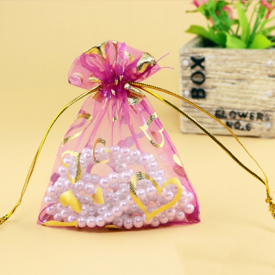 Picture of Wedding Gift Organza Valentine's Day Drawstring Bags Fuchsia Heart 9cm x7cm(3 4/8" x2 6/8"), 20 PCs