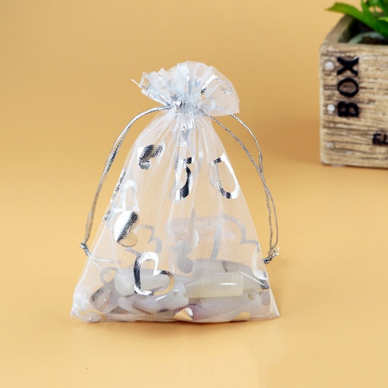 Picture of Wedding Gift Organza Valentine's Day Drawstring Bags White & Silver Color Heart 9cm x7cm(3 4/8" x2 6/8"), 20 PCs