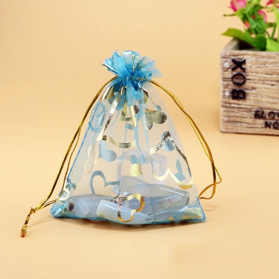 Picture of Wedding Gift Organza Valentine's Day Drawstring Bags Lake Blue Heart 18cm x13cm(7 1/8" x5 1/8"), 20 PCs