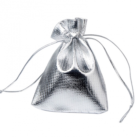Picture of Wedding Gift Polyester Drawstring Bags Silver Color 18cm x13cm(7 1/8" x5 1/8"), 10 PCs