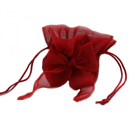 Picture of Wedding Gift Yarn Drawstring Bags Bowknot Wine Red (Usable Space: 7x5.5cm) 13.5cm x 9.5cm, 2 PCs