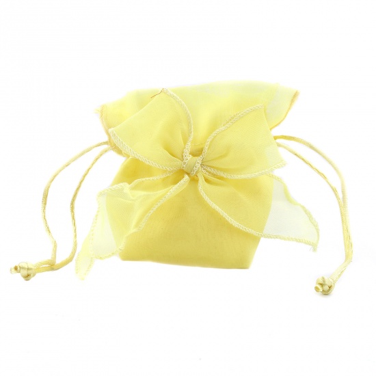 Picture of Wedding Gift Yarn Drawstring Bags Bowknot Yellow (Usable Space: 7x5.5cm) 13.5cm x 9.5cm, 2 PCs