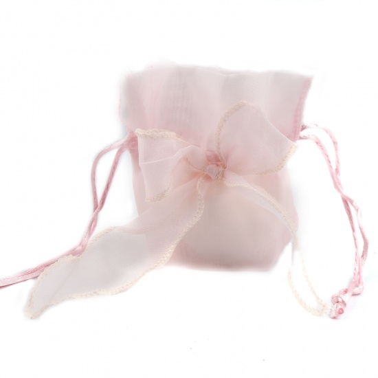 Picture of Wedding Gift Yarn Drawstring Bags Bowknot Light Pink (Usable Space: 7x5.5cm) 13.5cm x 9.5cm, 2 PCs