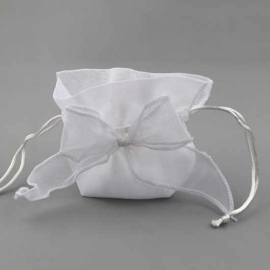 Picture of Wedding Gift Yarn Drawstring Bags Bowknot White (Usable Space: 7x5.5cm) 13.5cm x 9.5cm, 2 PCs