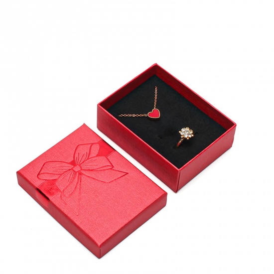 Picture of Paper Jewelry Gift Jewelry Box Rectangle Red Bowknot Pattern 9cm x 7cm , 4 PCs