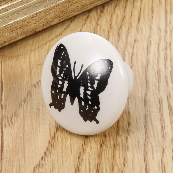 Imagen de White - 6# Ceramic Butterfly Round Handles Pulls Knobs For Drawer Cabinet Furniture Hardware 38x32mm, 1 Piece