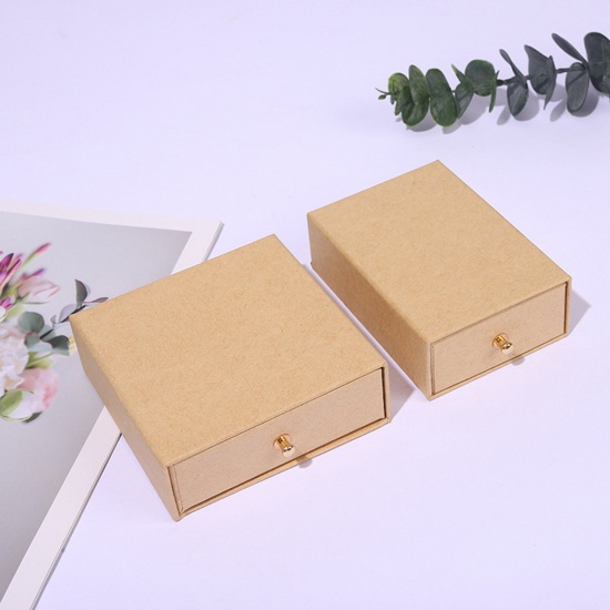 Picture of Paper Jewelry Gift Jewelry Box With Rivets Khaki 10cm x 7.5cm x 3.5cm , 1 Piece