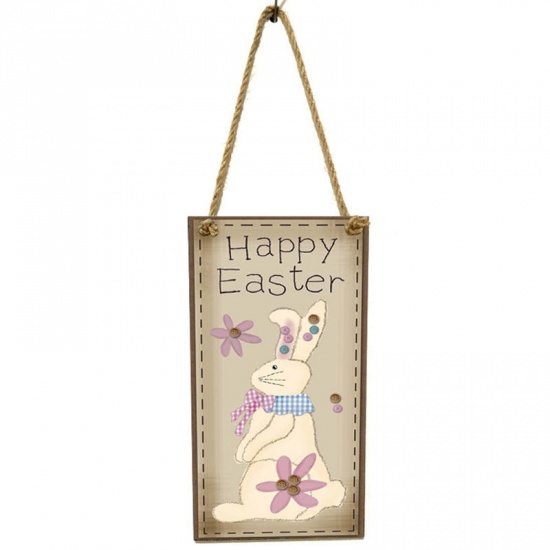 Picture of Multicolor - 1# Easter Cartoon Pattern Rectangle Wood Home Party Hanging Decoration 20x10cm, 1 Piece