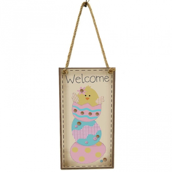 Picture of Multicolor - 2# Easter Cartoon Pattern Rectangle Wood Home Party Hanging Decoration 20x10cm, 1 Piece