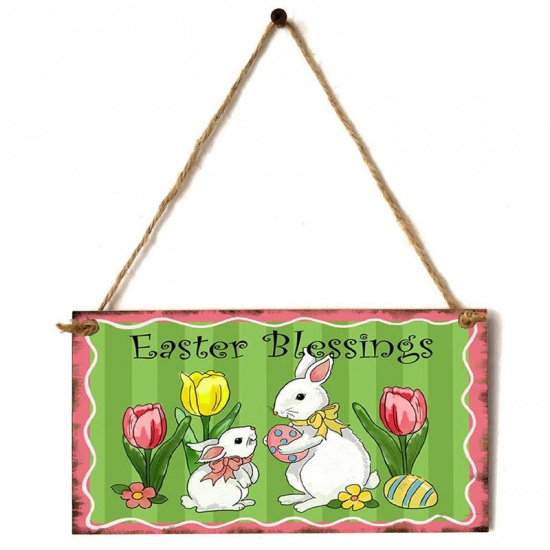 Picture of Multicolor - 3# Easter Cartoon Pattern Rectangle Wood Home Party Hanging Decoration 20x10cm, 1 Piece
