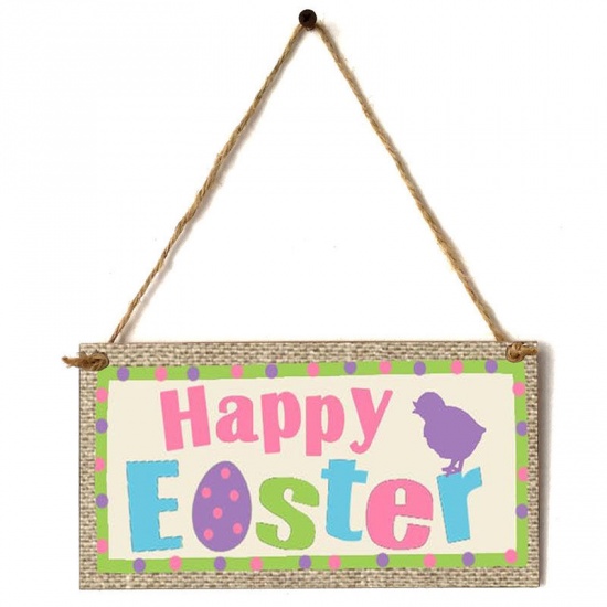 Picture of Multicolor - 6# Easter Cartoon Pattern Rectangle Wood Home Party Hanging Decoration 20x10cm, 1 Piece