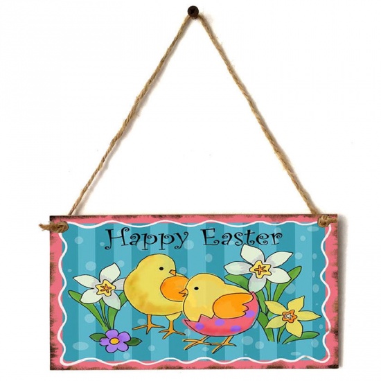 Picture of Multicolor - 7# Easter Cartoon Pattern Rectangle Wood Home Party Hanging Decoration 20x10cm, 1 Piece