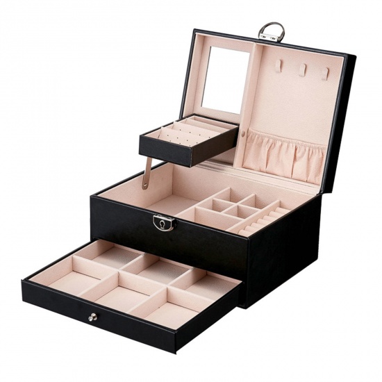 Picture of PU Leather Jewelry Gift Jewelry Storage Box Rectangle Black 22.5cm x 17cm x 12cm, 1 Piece
