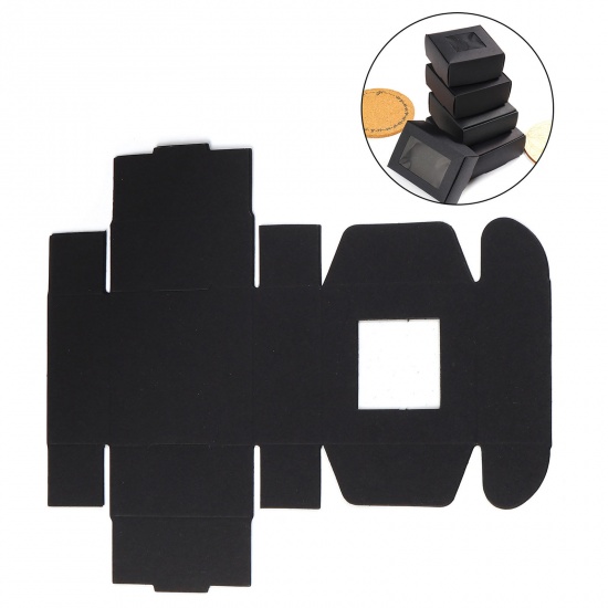 Picture of Paper Jewelry Gift Packing & Shipping Boxes With Clear Window Square Black 6.5cm x 6.5cm x 3cm , 10 PCs