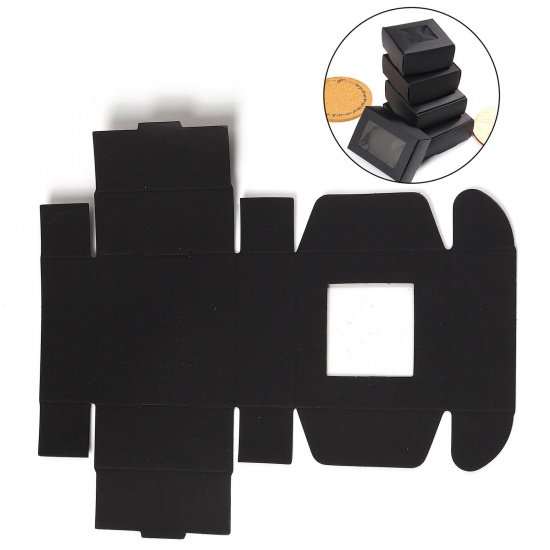 Picture of Paper Jewelry Gift Packing & Shipping Boxes With Clear Window Square Black 7cm x 7cm x 3cm , 10 PCs